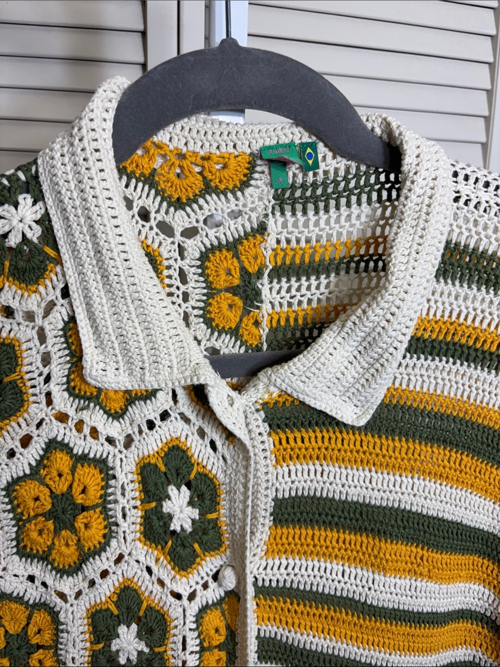 FARM Rio Cream, Mustard & Olive Crochet Button-Up Sweater - Picture 5 of 16